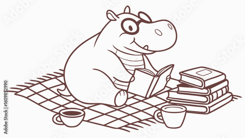 Charming SVG of a Curious Hippo, styled in a Bookworm Day theme with Cozy Reading hues