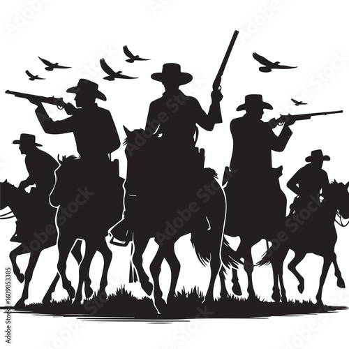 Silhouette of a Cowboy on Horseback at Sunset

Western Cowboy Silhouette Against Dramatic Sky

Cowboy Riding Horse – Vintage Wild West Silhouette

Lone Cowboy Silhouette with Hat and Lasso

