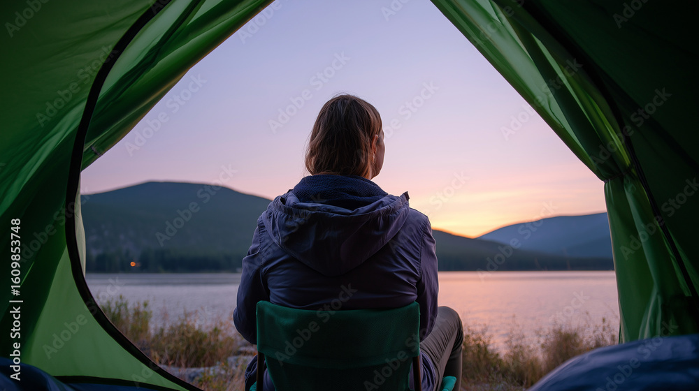 Fototapeta premium Serene sunset view from a tent with a woman reading