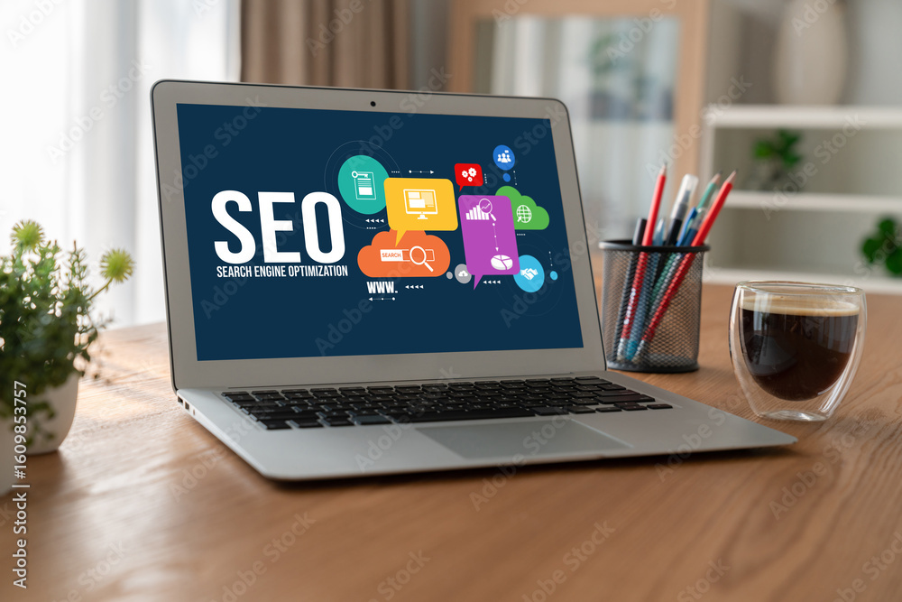 Fototapeta premium SEO search engine optimization for modish e-commerce and online retail business showing on computer screen