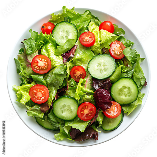 Fresh mixed salad with lettuce, cucumbers, and cherry tomatoes in a white bowl