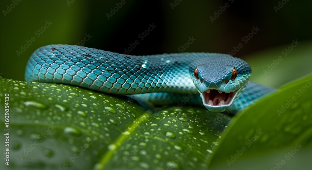 Obraz premium Blue pit viper snake dangerous wildlife nature reptile venomous tropical animal close up macro exotic species