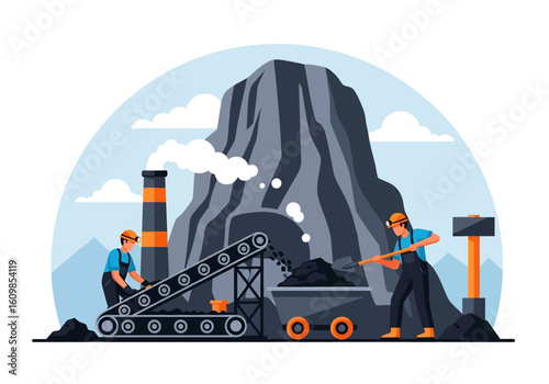 Adobe illustrator flat style illustration of a coal miner shoveling coal onto a conveyor belt from a large pile, with a factory building and power lines in the background. Ideal for mining industry