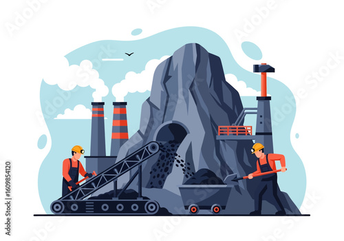 Adobe illustrator flat style illustration of a coal miner shoveling coal onto a conveyor belt from a large pile, with a factory building and power lines in the background. Ideal for mining industry