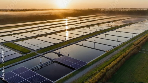 Modern water treatment facility with multiple interconnected circular basins. Solar panels on rooftops glint in the sun. Mist rises from the surrounding green buffer zone. Waste water treatment plant.