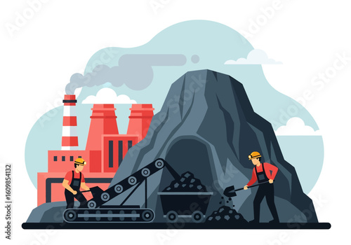 Adobe illustrator flat style illustration of a coal miner shoveling coal onto a conveyor belt from a large pile, with a factory building and power lines in the background. Ideal for mining industry