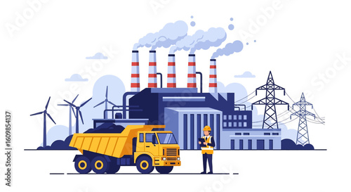 Adobe illustrator flat style illustration of a coal mining and power generation plant with an excavator, dump truck, industrial buildings, smokestacks, and wind turbines. Ideal for energy and industry