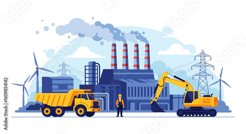 Adobe illustrator flat style illustration of a coal mining and power generation plant with an excavator, dump truck, industrial buildings, smokestacks, and wind turbines. Ideal for energy and industry