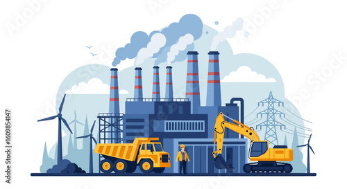 Adobe illustrator flat style illustration of a coal mining and power generation plant with an excavator, dump truck, industrial buildings, smokestacks, and wind turbines. Ideal for energy and industry