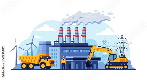 Adobe illustrator flat style illustration of a coal mining and power generation plant with an excavator, dump truck, industrial buildings, smokestacks, and wind turbines. Ideal for energy and industry
