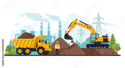 Adobe illustrator flat style illustration of a large coal mining operation with an excavator loading coal into a dump truck, and a factory in the background. Ideal for heavy industry and mining themes