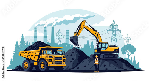 Adobe illustrator flat style illustration of a large coal mining operation with an excavator loading coal into a dump truck, and a factory in the background. Ideal for heavy industry and mining themes
