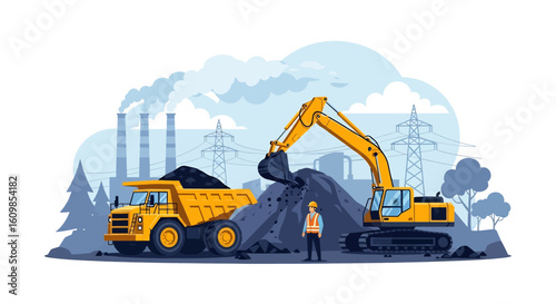 Adobe illustrator flat style illustration of a large coal mining operation with an excavator loading coal into a dump truck, and a factory in the background. Ideal for heavy industry and mining themes