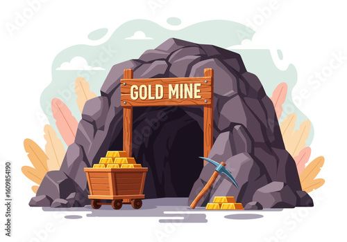 
Adobe illustrator flat style illustration of a gold mine entrance with a sign, a cart loaded with gold bars, and a pickaxe, surrounded by colorful foliage. Ideal for mining and wealth themes