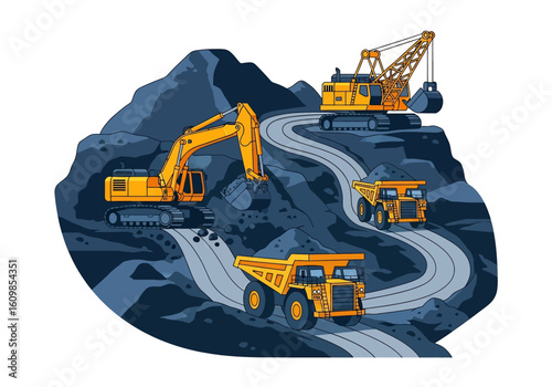 Adobe illustrator flat style illustration of an open-pit mine with an excavator loading dump trucks on a winding road. Ideal for mining, excavation, and industrial themes