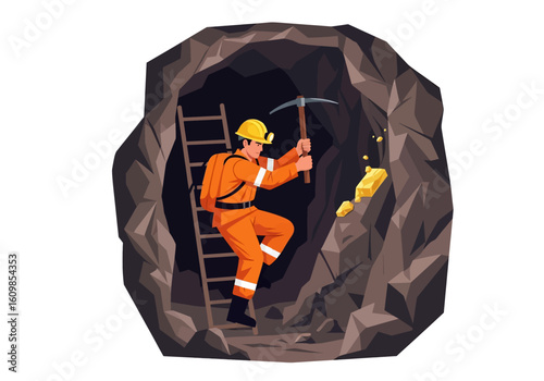 
Adobe illustrator flat style illustration of a miner wearing a hard hat with a headlamp, holding a pickaxe and digging for gold inside a dark cave. Ideal for mining and resource themes