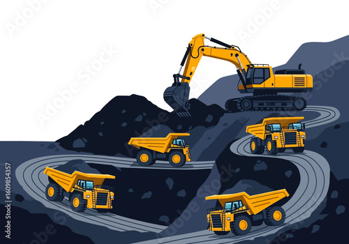 Adobe illustrator flat style illustration of an open-pit mine with an excavator loading dump trucks on a winding road. Ideal for mining, excavation, and industrial themes