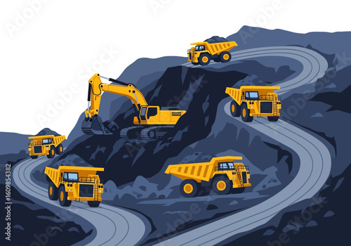 Adobe illustrator flat style illustration of an open-pit mine with an excavator loading dump trucks on a winding road. Ideal for mining, excavation, and industrial themes