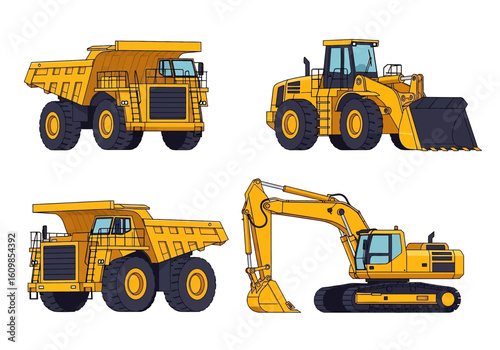Adobe illustrator flat style illustration set of four heavy construction vehicles: dump trucks (front and side view), a wheel loader,  excavator. Ideal for construction, mining, and machinery themes