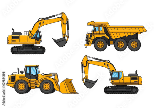 Adobe illustrator flat style illustration set of four heavy construction vehicles: dump trucks (front and side view), a wheel loader,  excavator. Ideal for construction, mining, and machinery themes