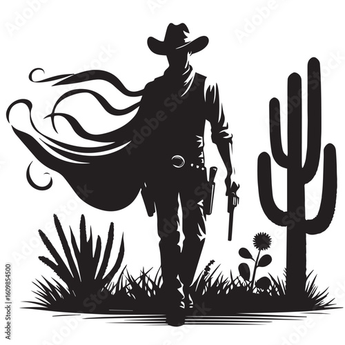 Silhouette of a Cowboy on Horseback at Sunset

Western Cowboy Silhouette Against Dramatic Sky

Cowboy Riding Horse – Vintage Wild West Silhouette

Lone Cowboy Silhouette with Hat and Lasso

