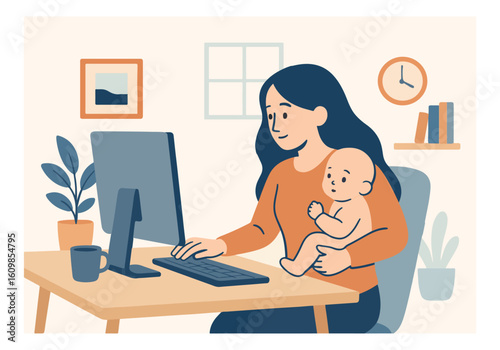 Mother Working Remotely While Holding Baby – Home Office Concept.