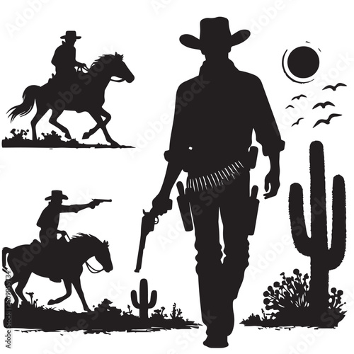 Silhouette of a Cowboy on Horseback at Sunset

Western Cowboy Silhouette Against Dramatic Sky

Cowboy Riding Horse – Vintage Wild West Silhouette

Lone Cowboy Silhouette with Hat and Lasso

