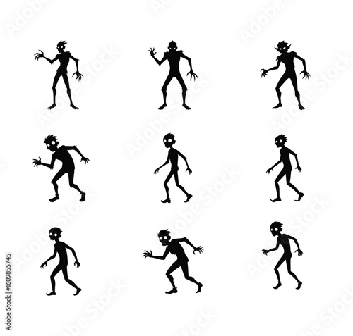 Black silhouette of eerie zombie characters in different walking poses Vector illustration