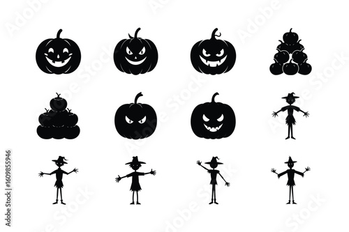 Black silhouette of Halloween pumpkins with spooky faces and witches brooms Vector illustration