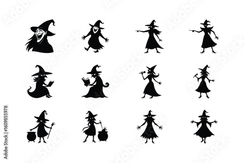  Black silhouette of Halloween witches and eerie flying figures on a white background