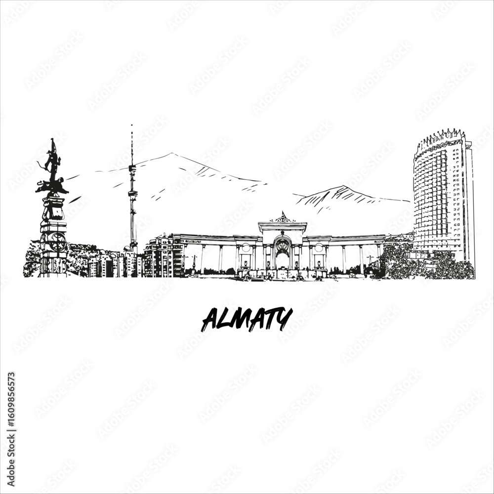 Obraz premium city, Kazakhstan, Almaty, Almaty attractions, Almaty hotel, Almaty illustration, vector Almaty, sketch of Almaty