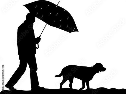 Silhouette of a man walking a dog in the rain, holding an umbrella.
The umbrella adds a distinct shape but remains simple.