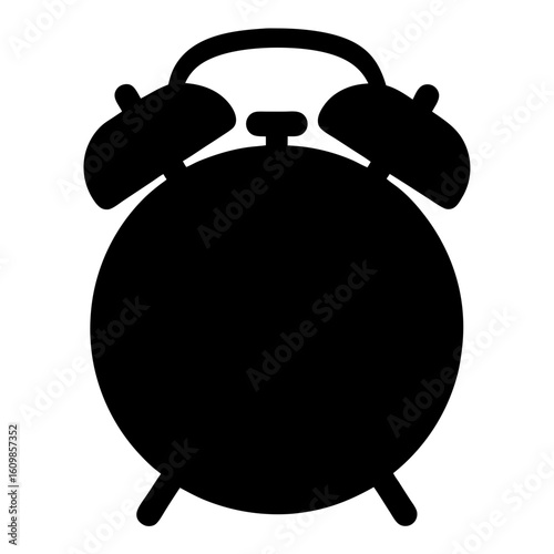 Silhouette of Classic Alarm Clock Icon, Black silhouette illustration of a traditional twin-bell alarm clock, representing time, waking up, punctuality, and schedule concepts.

