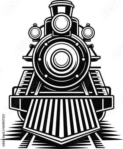 Vintage Steam Train Front View Vector Illustration in Black and White.