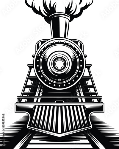 Vintage Steam Train Front View Vector Illustration in Black and White.