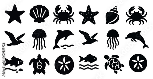 Collection of black and white sea creatures including starfish, crabs, jellyfish, and dolphins