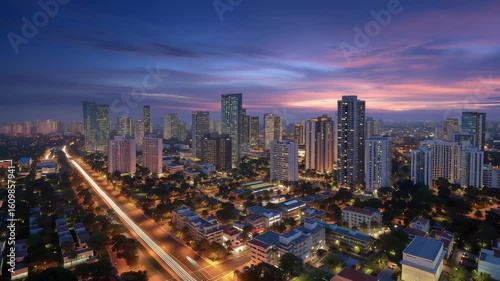 Modern Indian city skyline at twilight with illuminated streets and tall buildings under a vibrant blue and purple evening sky.