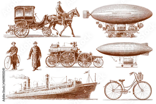 Vintage Transportation Methods Illustrated with Sepia Tones Featuring Horse Drawn Carriage Airships and Early Automobiles