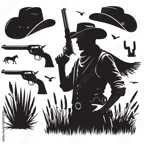 Silhouette of a Cowboy on Horseback at Sunset

Western Cowboy Silhouette Against Dramatic Sky

Cowboy Riding Horse – Vintage Wild West Silhouette

Lone Cowboy Silhouette with Hat and Lasso

