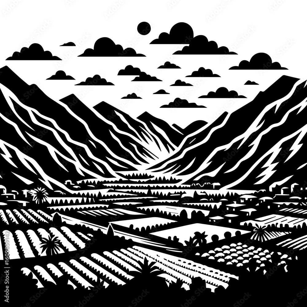Fototapeta premium Stylized Black and White Mountain Valley Landscape.