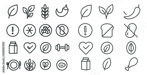 Set of icons for food and drink, including a heart for healthy food, a check mark for healthy food, and a no sign for unhealthy food
