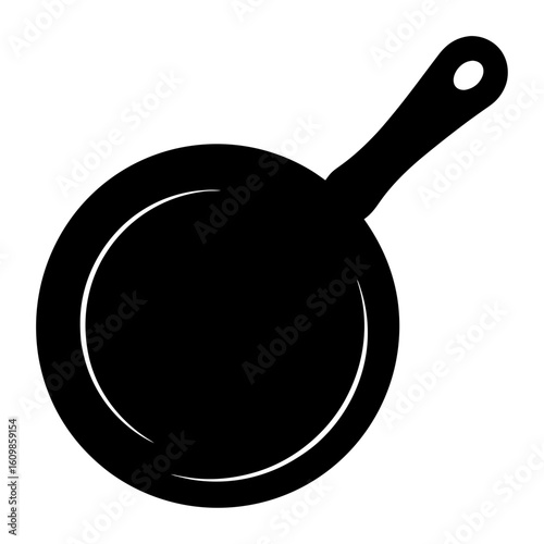 Minimalist illustration of a black skillet or frying pan for cooking