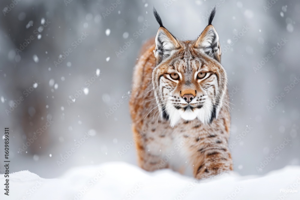 Obraz premium Snow nature. Lynx face walk. Winter wildlife in Europe. Lynx in the snow, snowy forest in February. Wildlife scene from nature, Slovakia. Winter wildlife in Europe.