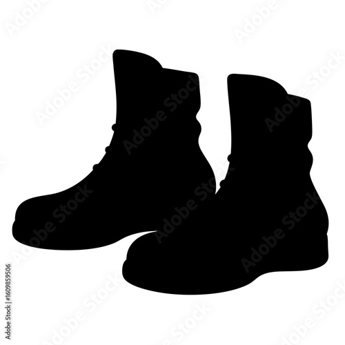 Silhouette of two rugged work boots standing side by side in black