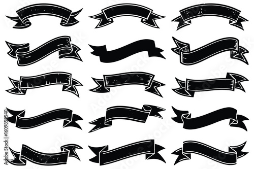 Vintage Black Ribbon Vector Collection – Retro Decorative Banners for Logos and Labels