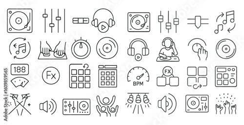 Collection of music icons and symbols. The icons include a DJ, a microphone, a CD, and a record player. Scene is energetic and fun, as it represents the world of music and entertainment
