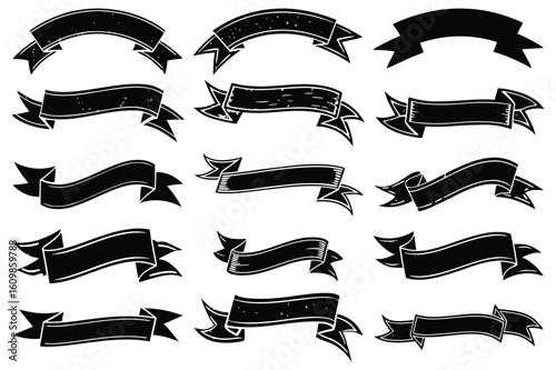 Vintage Black Ribbon Vector Collection – Retro Decorative Banners for Logos and Labels