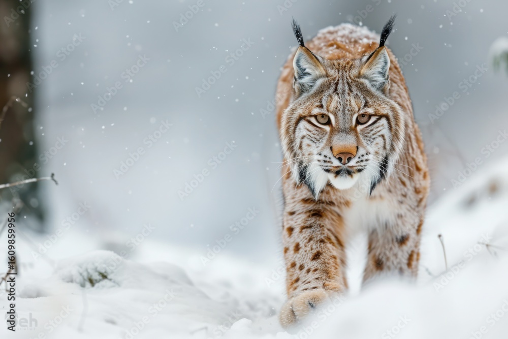 Obraz premium Snow nature. Lynx face walk. Winter wildlife in Europe. Lynx in the snow, snowy forest in February. Wildlife scene from nature, Slovakia. Winter wildlife in Europe.