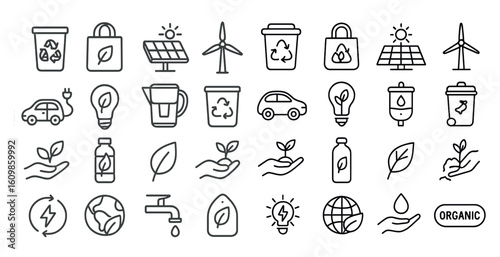 Collection of icons for environmental issues. The icons include a car, a light bulb, a bottle, a cup, a tree, a house, a person, a globe, a sun, a windmill, a trash can