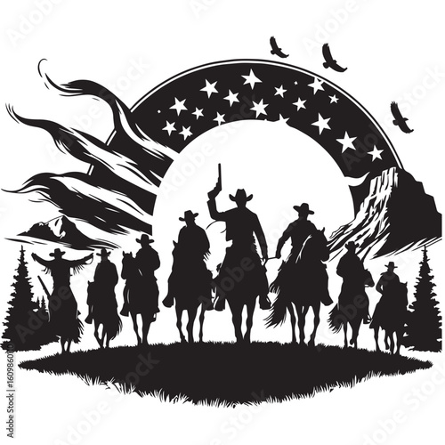 Silhouette of a Cowboy on Horseback at Sunset

Western Cowboy Silhouette Against Dramatic Sky

Cowboy Riding Horse – Vintage Wild West Silhouette

Lone Cowboy Silhouette with Hat and Lasso

